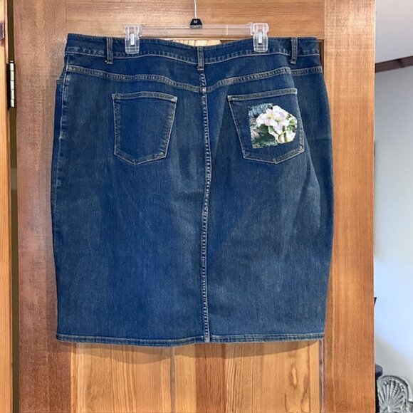 Talbots Denim Skirt Sz 18W Patchwork embellished handsewn Boho style Hippie Gal - Picture 6 of 10